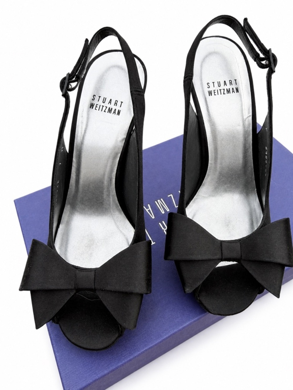 Stuart Weitzman Black Satin Bow Peep-Toe Slingback Heels - Size 7
